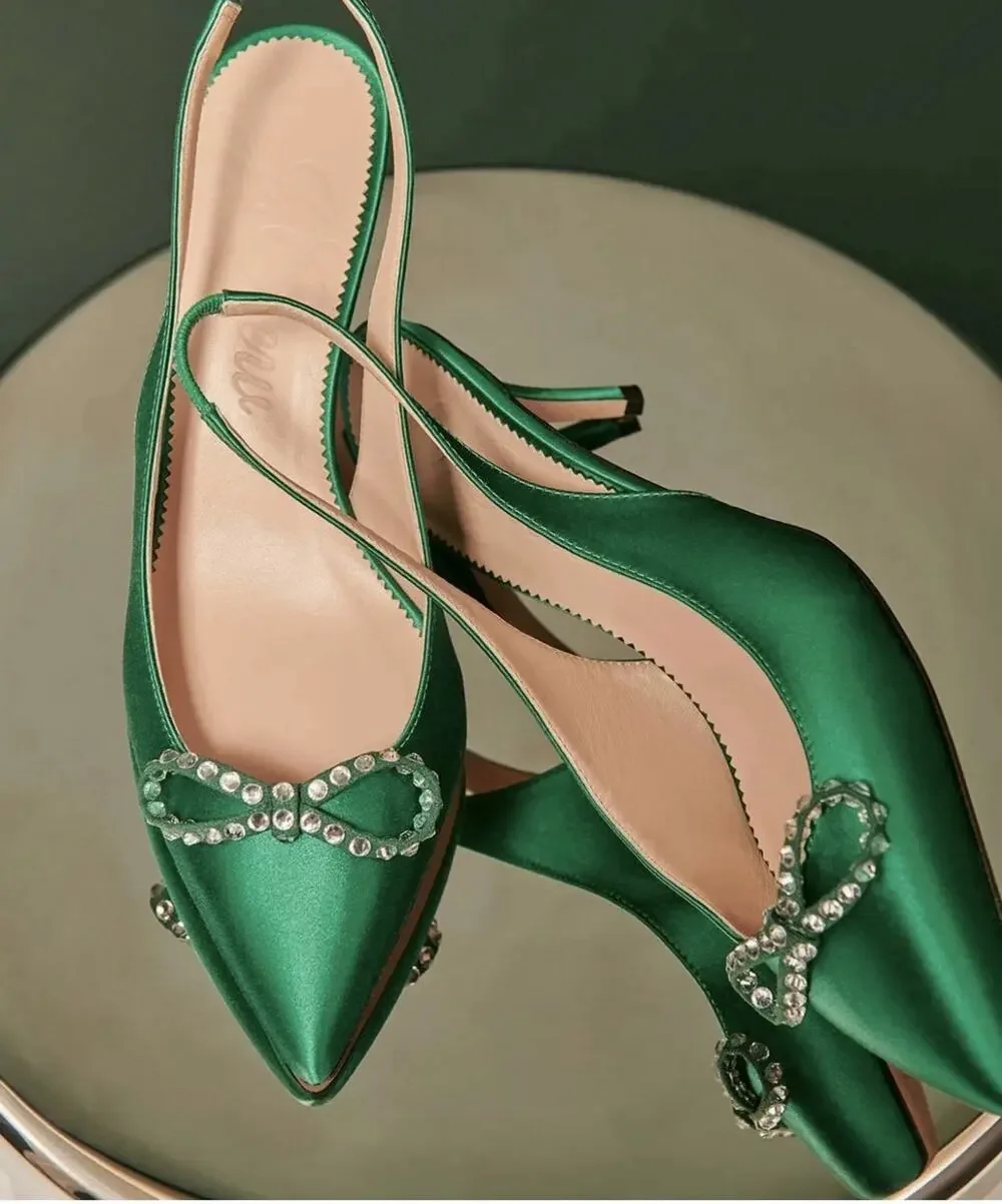 J. Crew Colette Jungle Green Slingback Pumps with Bow - Size 9